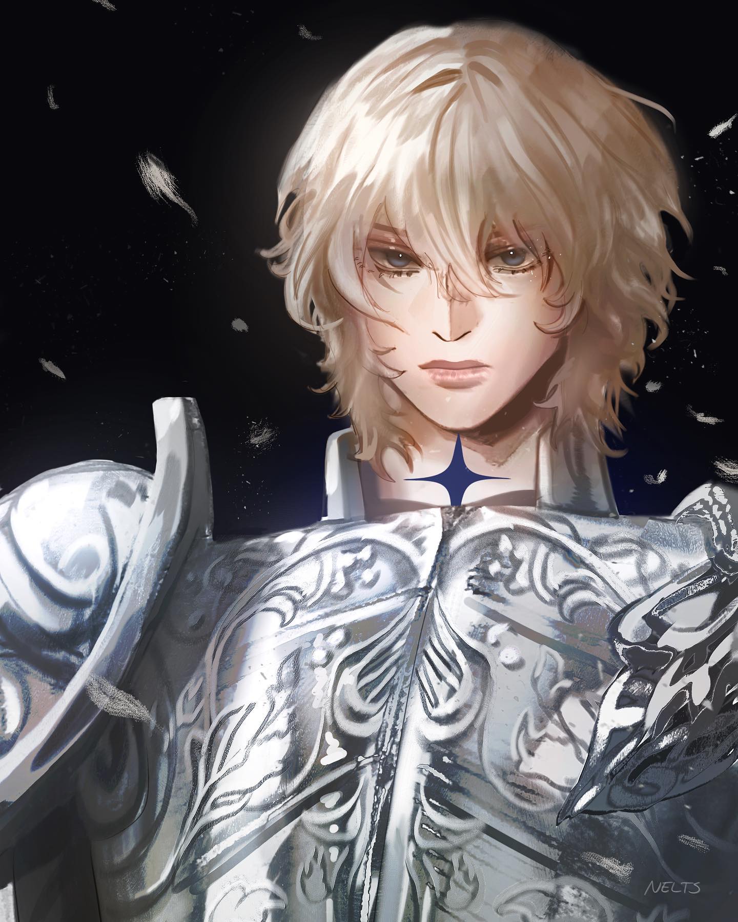 the image is a digital painting or illustration in an anime/manga style depicting a young man with long, flowing blonde hair.  he is wearing intricately detailed silver armor with ornate patterns. the armor appears to be polished to a high shine. the young man's expression is serious, almost stoic. the background is dark and features small, softly rendered white feathers that appear to be floating around him, adding to an ethereal atmosphere. there is a faint glow around the character, enhancing the sense of otherworldly or fantasy elements. the artist's signature, "nects," is visible in the lower right corner. the overall style is elegant and majestic, conveying a sense of power and mystery.