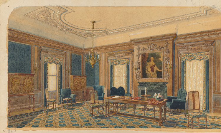 this is a watercolor painting of an ornate, historical room interior. the room is furnished with a large table in the center, surrounded by chairs. there are also additional chairs along the walls. the walls are paneled with wood and decorated with blue wallpaper. a portrait hangs above a fireplace. the room also features large windows with curtains. a chandelier hangs from the ceiling, illuminating the space. the rug on the floor has a blue and gold pattern. the overall style is elegant and luxurious, suggesting a room in a wealthy home or palace.