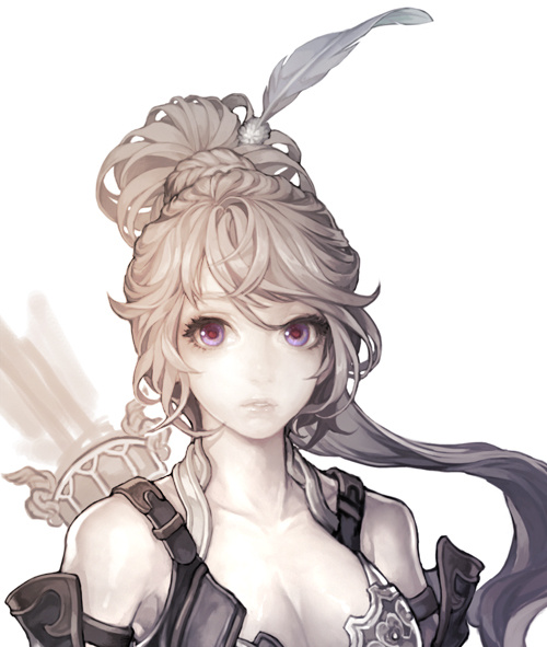 a head and shoulders illustration of a young woman with blonde hair tied in a loose ponytail, with a feather tied in.  she has large purple eyes, and wears a brown leather, fantasy style top.