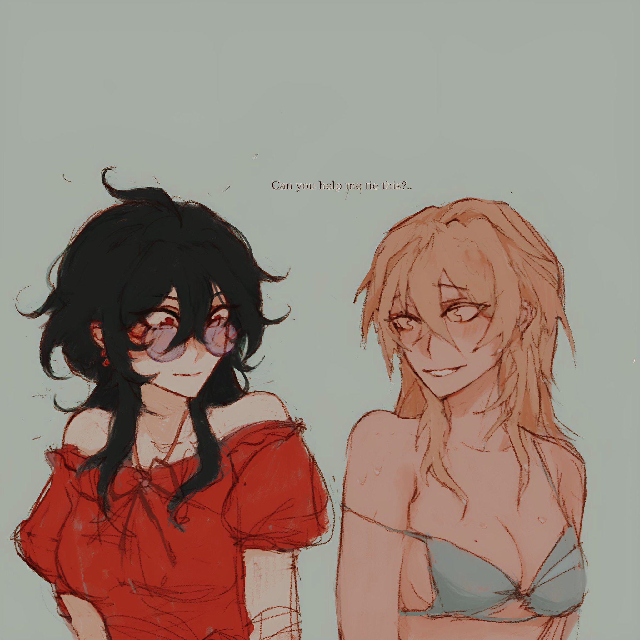 the image is a digital drawing or painting in a soft, pastellike style reminiscent of anime or manga art. it depicts two young women interacting closely.  the woman on the left has long black hair, wears round purpletinted sunglasses, and a red offtheshoulder dress. the woman on the right has long blonde hair, is wearing a light teal bikini top, and appears slightly flushed.  a small piece of text between them reads, "can you help me tie this?". the overall mood is intimate, suggesting a close friendship or romantic relationship. the style is somewhat sketchy, with visible brushstrokes and soft lines. the background is a simple, muted teal.