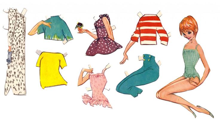 a vintage illustration of a paper doll and several clothing options including dresses, shirts, and outfits.