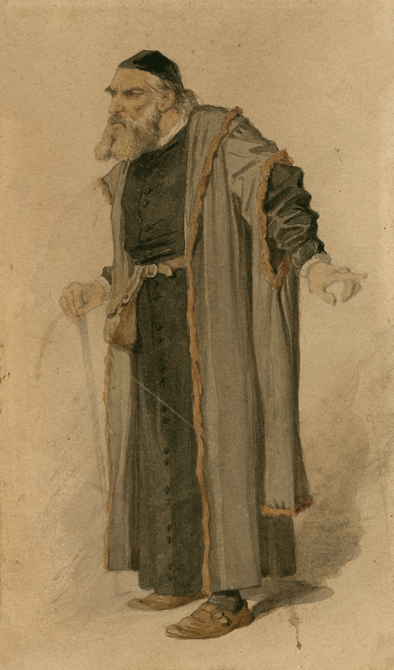 a watercolor painting of an old man with a beard standing. he is wearing religious clothing, including a robe and a hat. he is holding a cane in one hand and gesturing with the other. he has a pouch on his belt. the painting shows the full body of the man.