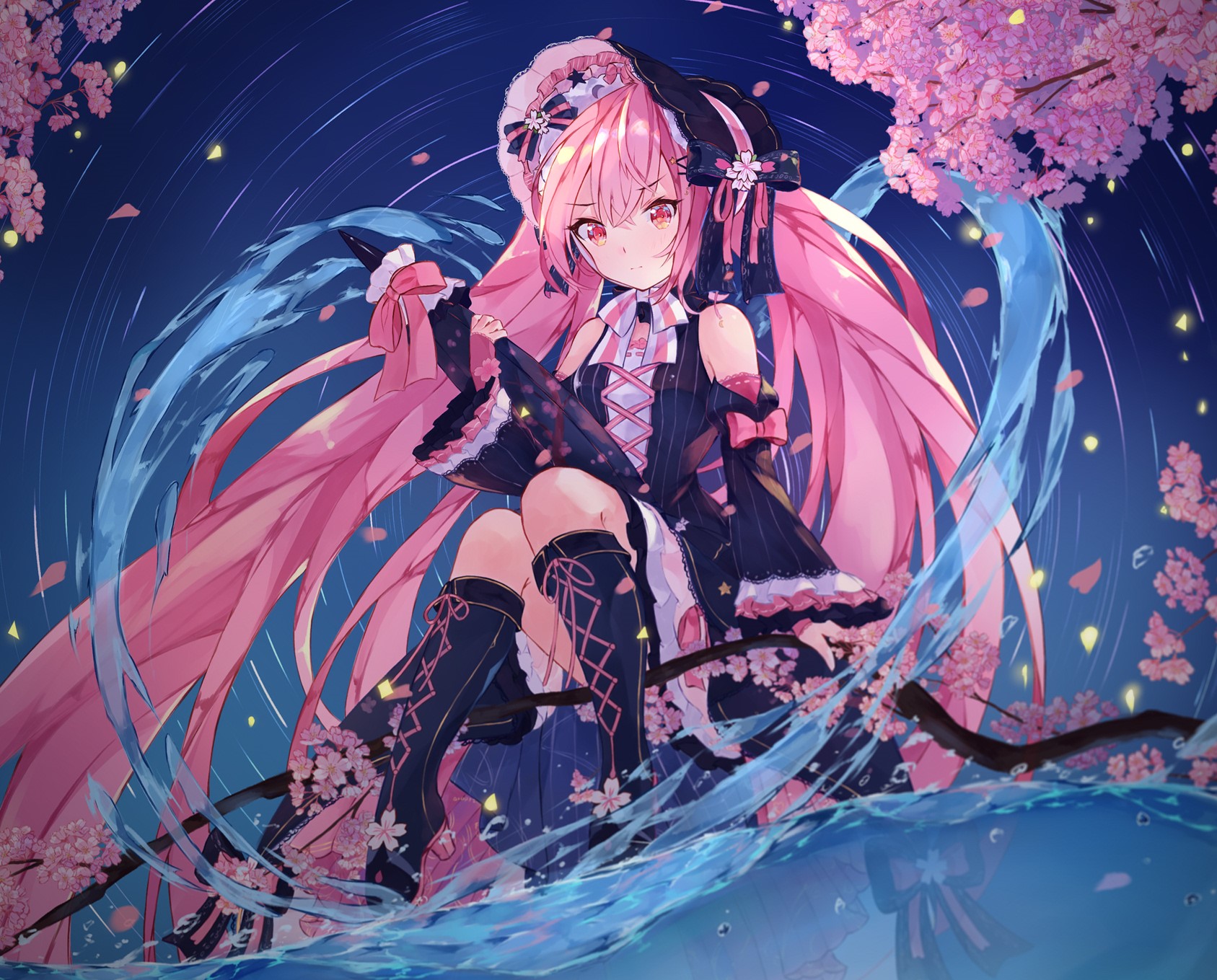 the image is a digital illustration of an anime girl with long, flowing pink hair. she is wearing a darkcolored dress with lace details and high black boots. she is seated amidst cherry blossoms that are falling around her and into a body of water that is swirling around her. the background is a dark blue night sky with stars. the overall style is magical and fantasylike, with a focus on the character's beauty and grace.  the art style is detailed and colorful.