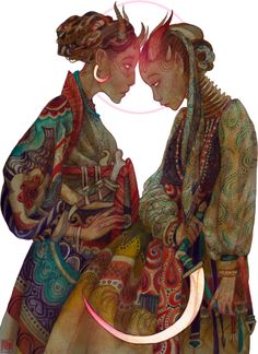 the painting portrays two women dressed in vibrant and intricately patterned kimonos, their gazes locked in an intense confrontation. one woman, adorned with a halo of light, embodies a sense of purity and serenity. in contrast, the other, with prominent horns, emanates an aura of darkness and rebellion. a curved, sicklelike blade rests ominously between them, symbolizing a potential clash between their opposing forces.