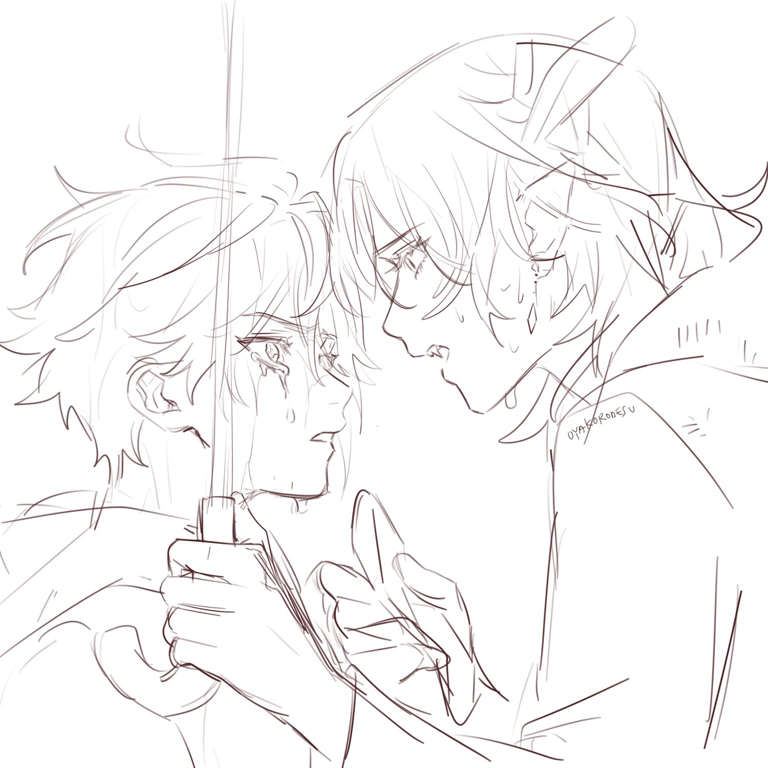 a black and white sketch of two anime characters. one is crying and looking up at the other. they are close together. the background is blurry. they are probably a couple.