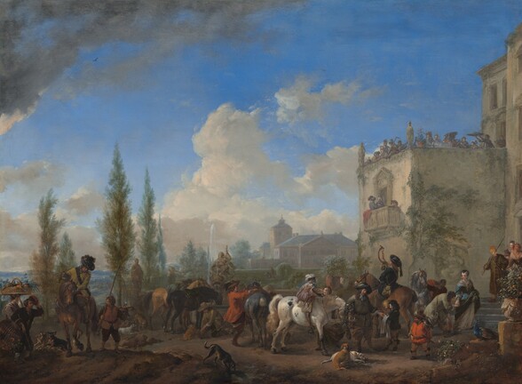 the image shows a painting of a landscape with several figures and horses gathered near a building. a crowd of people stands on a terrace or roof of the building, possibly observing the scene below. horses are being attended to by figures in the foreground. other notable elements in the landscape include tall trees, a fountain, and another building in the distance, likely part of an estate. dogs are also depicted in the scene.