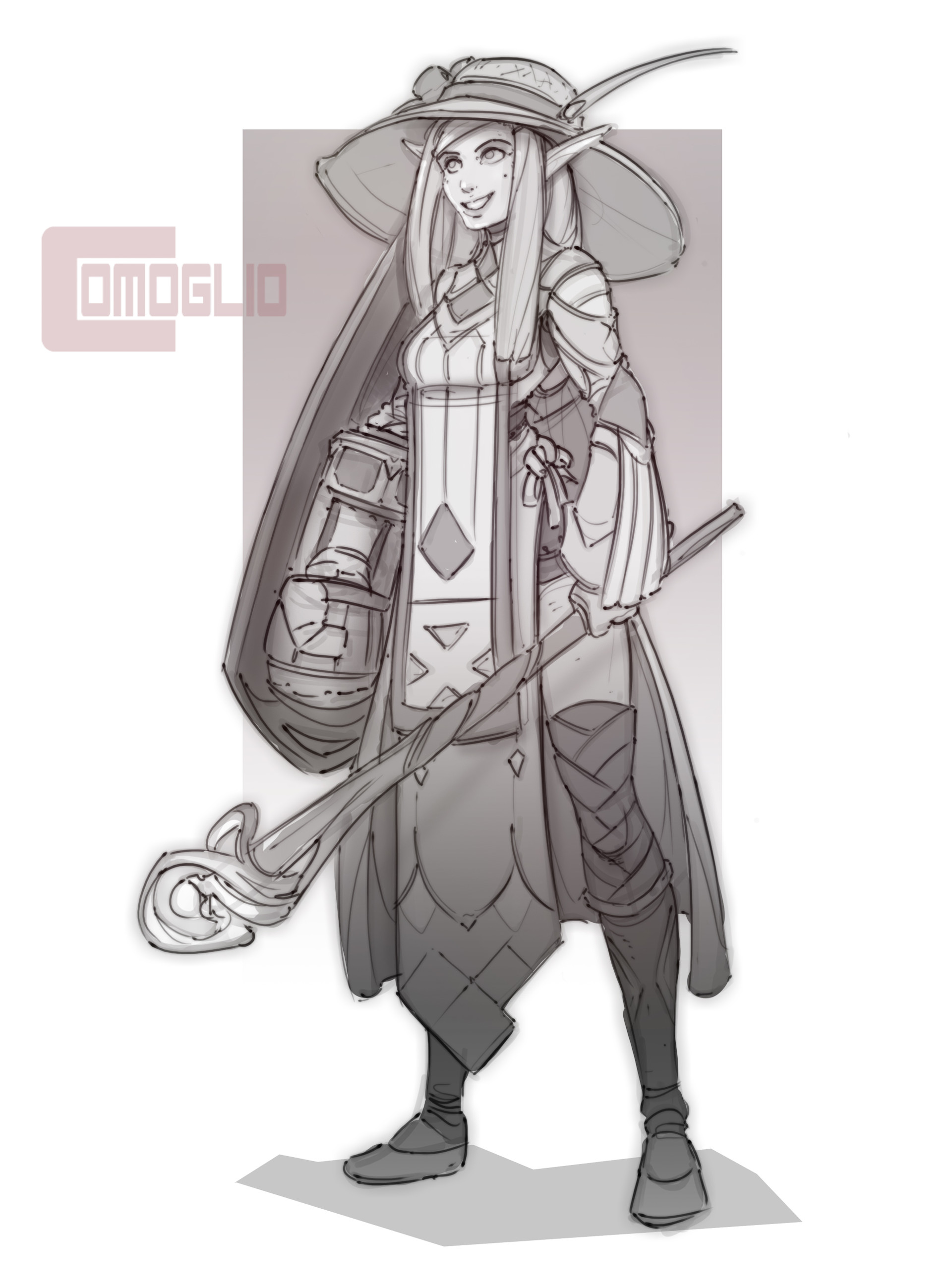 a fulllength, black and white digital sketch of a female elf wizard. she has pointed ears, long hair, and wears a widebrimmed hat, a flowing robe over leggings, and an armored glove on her right hand. she holds a gnarled staff with a glowing end in her left hand and has a neutral expression on her face. the style is reminiscent of concept art with loose lines and shading.