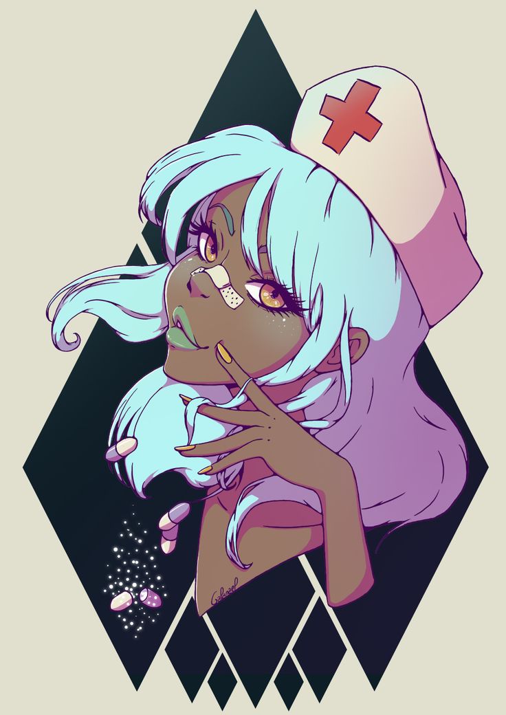 an animestyle nurse woman with long, flowing blue hair, wearing a white nurse hat with a red cross, has dark skin, and is wearing green lipstick and black nail polish. she is looking at the viewer with a slightly smug expression. the background is a dark, diamond pattern. in the lower left, there are white pills scattered on the floor.