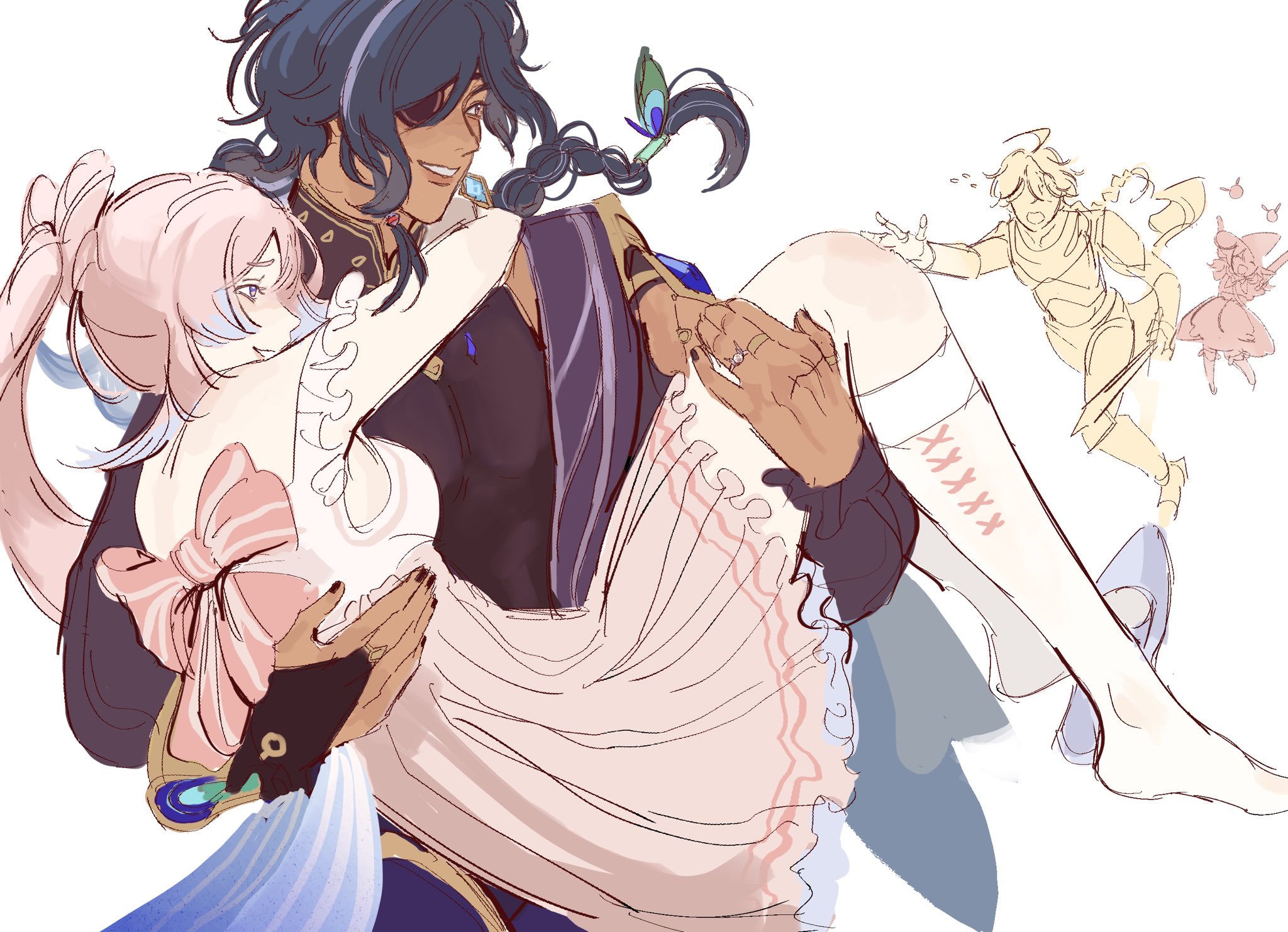 the image shows a male anime character holding a female anime character in his arms. the male character is smiling and looks happy, and the female character is blushing and shy. the male character has dark blue hair and a blue eye patch, while the female character has long pink hair. the female character is wearing a white dress with pink trim, and the male character is wearing a purple and black outfit. there are several other characters in the background, including a male knight character and a female character with wings. the image is drawn in a cartoon style and has a light and airy feel.