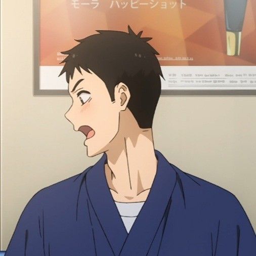 the image shows a cartoon illustration of an anime male character. he has dark brown hair, pale skin, and is wearing a dark blue robe. he is looking at something out of the frame with surprise, his eyes are wide and his mouth is open.