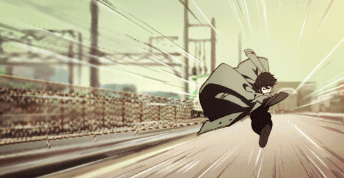the image is a still from an anime or mangastyle animation. it depicts a male character with dark hair running at high speed through a city street.  the character is wearing a long coat and his movement is blurred to indicate speed.  the background is a stylized cityscape with a bridge in the distance, further enhanced by motion lines radiating outwards from the character to emphasize his speed and momentum. the overall color palette is muted, with shades of beige, brown, and light green dominating. the style is highly dynamic and visually energetic.