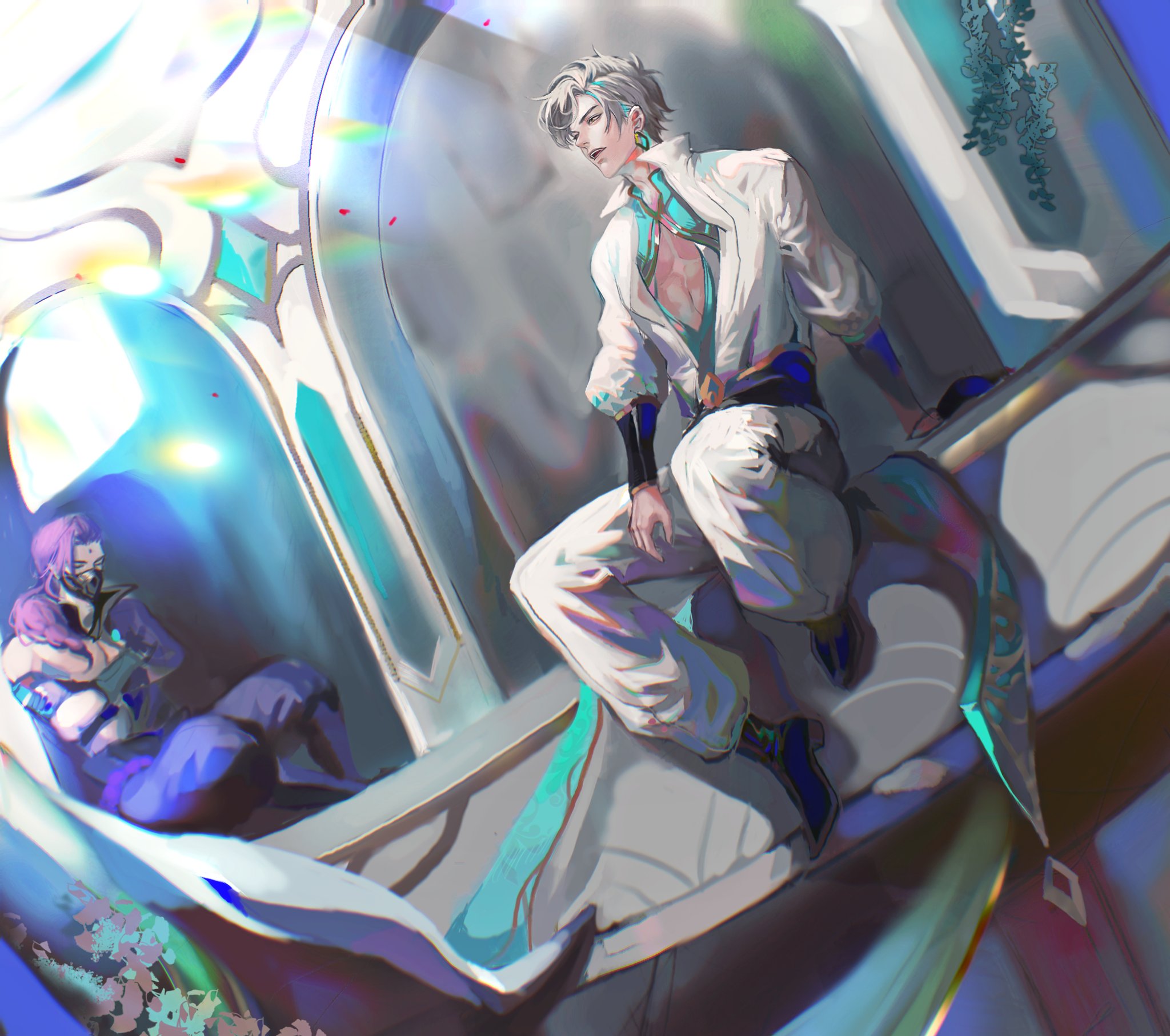 an animestyle illustration of two male characters. the character in the foreground is dressed in white and sitting on a balcony, with a more purple dressed character in the background. the scene has a fantasylike feel with a design that evokes the image of a magical world.