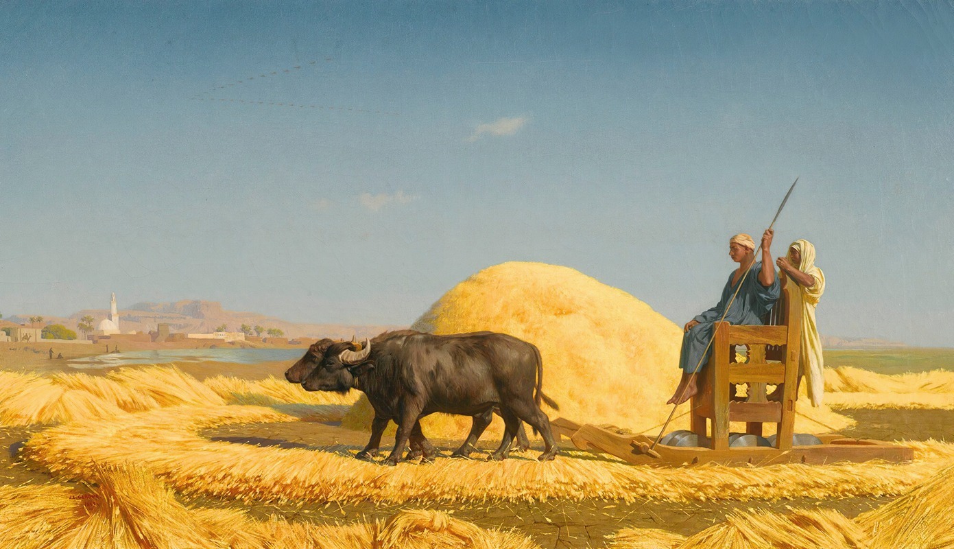 a painting depicts a scene of agricultural labor in egypt, likely during harvest season. two water buffalo are pulling a threshing sledge over golden fields of grain. a man sits on the sledge, guiding the oxen, while another man stands behind him, possibly holding a flail or overseeing the process. in the background, a village is visible with buildings, a minaret, and the nile river or a waterway nearby. the sky is clear and blue, and the scene conveys a traditional method of grain threshing in an egyptian landscape.