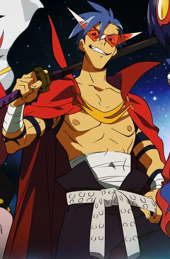 this is a digital illustration of a male anime character. he is wearing a red robe with gold trim, a white belt with a black background, and has red and white sunglasses. he is holding a sword in his right hand and has a confident and happy expression on his face. he has blue hair and red eyes.  he is standing in front of a black and blue starfilled background.  the character appears powerful and ready for battle.