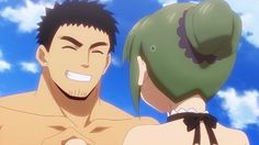 the image showcases a closeup of a young man and woman on a sunny beach. the man, with short dark hair and a muscular build, is shirtless and beaming at the woman.  he appears genuinely happy and excited. the woman, with vibrant green hair styled in buns, is facing him with a slight blush on her cheeks. she wears a black and white swimsuit with a frilly neckline. the bright blue sky and hints of yellow sand suggest a cheerful, carefree atmosphere, hinting at a romantic connection between the two characters.