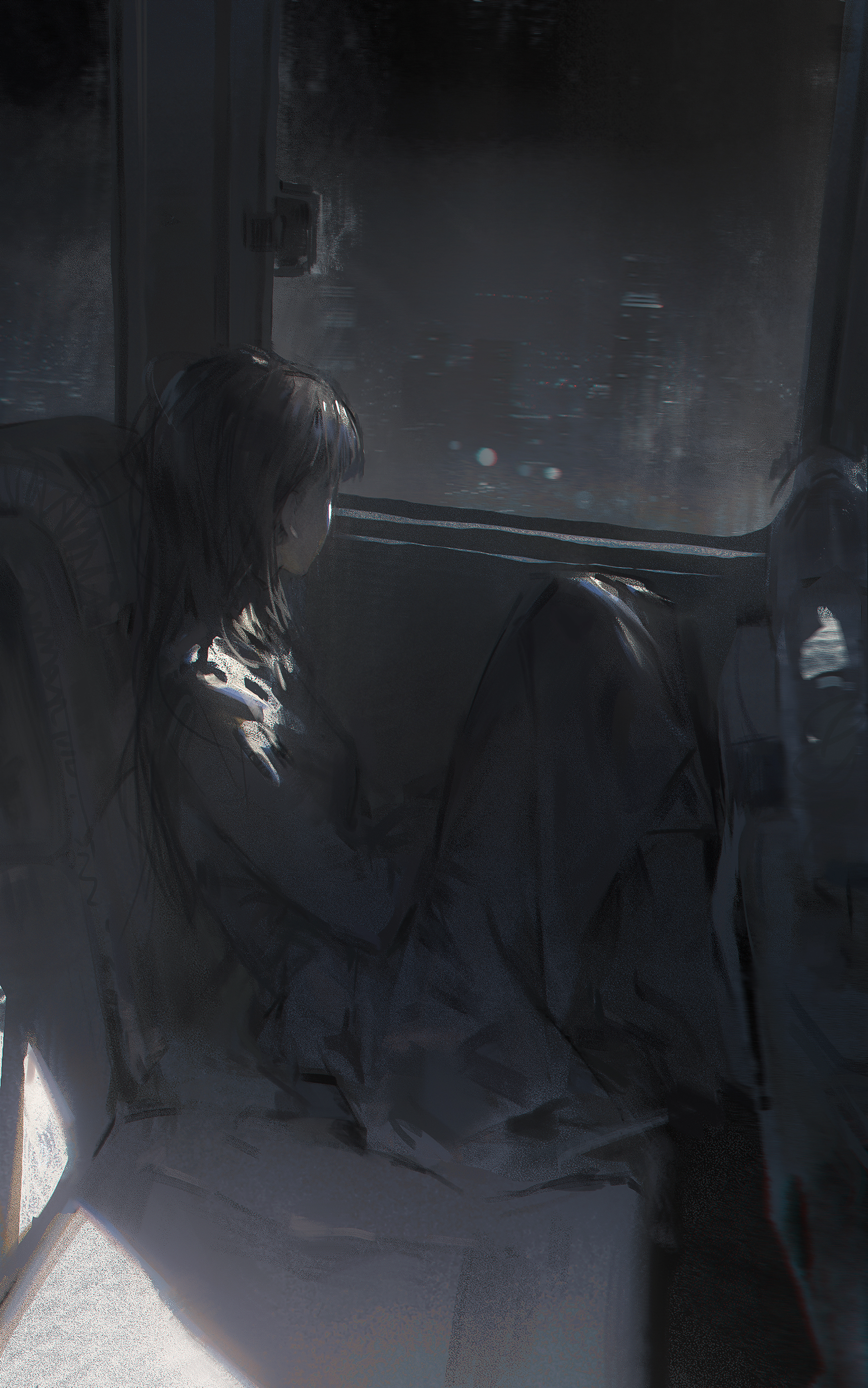 a young anime girl with long black hair sits by a window in a dark train or bus. she is looking away from the camera, lost in thought. outside the window, the city lights reflect in the glass, creating a blurry cityscape. the girl's dark clothes blend into the shadows, creating a sense of loneliness and isolation.