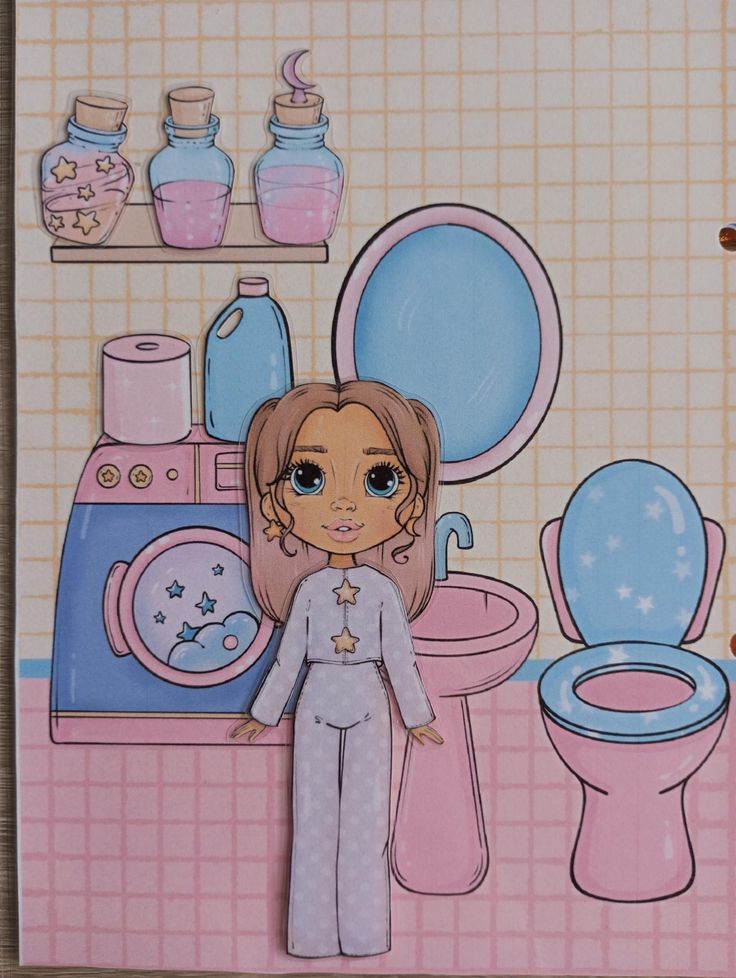 the image shows an illustration of a bathroom scene with a paper doll standing in the foreground. the bathroom has a pink and blue color scheme and includes a washing machine, bottles on a shelf, a mirror, a sink, and a toilet. the paper doll is wearing pajamas with stars on them.