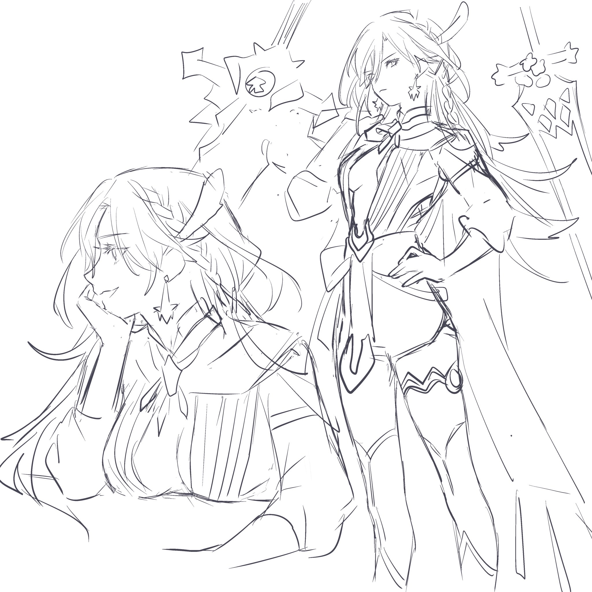 this sketch depicts two anime girls in elaborate outfits. one is sitting with her chin on her hand, while the other is standing with one hand on her hip. both are drawn in a detailed and elegant style. their outfits are adorned with intricate accessories, including a large bow on the standing girl's chest and a pair of earrings on the sitting girl. the sketch is done in black and white, giving it a classic and timeless feel.