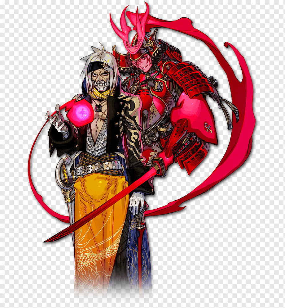 two stylized video game characters are shown in attack poses. the first figure, on the left, is a thin, paleskinned man with long, white hair, wearing an elaborate gold, black and white robe.  he holds a glowing pink orb in his right hand, and a sword in his left. the second figure, to his right and slightly behind him, is drawn in red with black details, and appears to be a powerful female samurai warrior. the background is transparent.