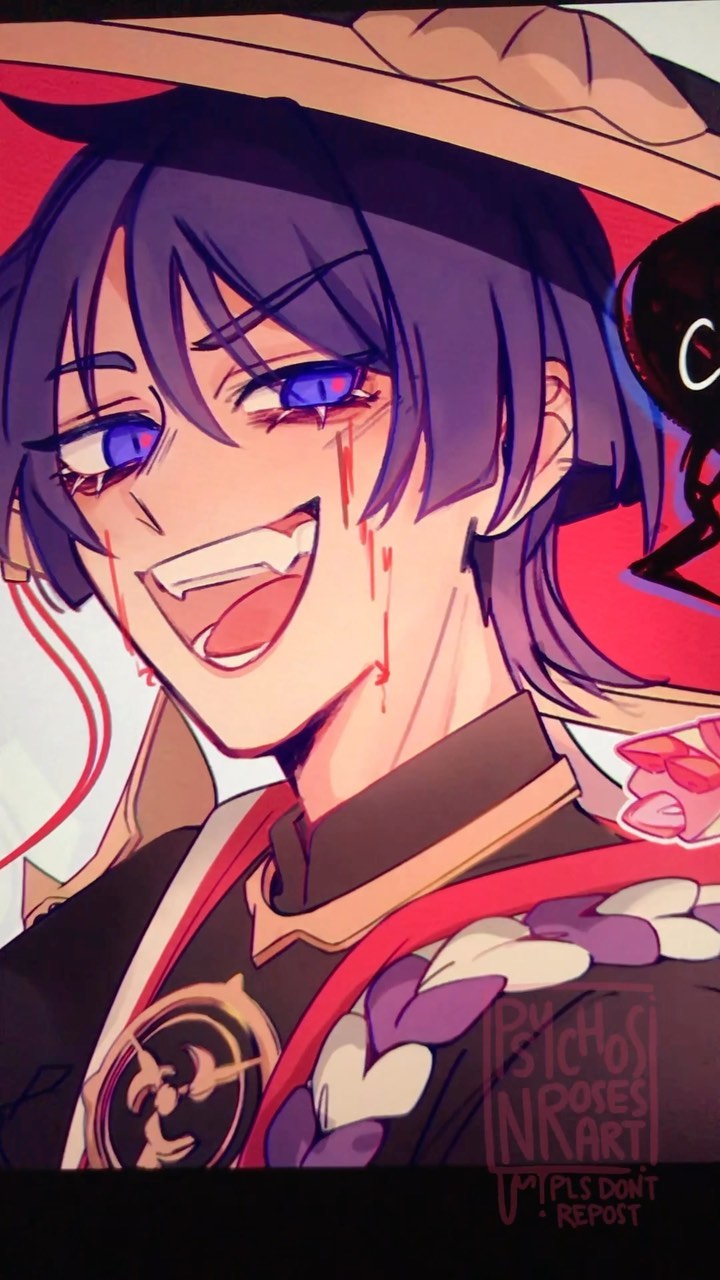 the image is a vibrant digital fanart depicting a male character, possibly inspired by scaramouche from genshin impact, with striking features.  he has purple hair, intense blue eyes, and a sharp, almost predatory smile.  blood streaks down his face, adding to his fierce expression. he's wearing a red and gold outfit with a distinctive hat. the art style is animeinfluenced, with bold lines and highly saturated colors. the artist's watermark is visible in the bottom right corner. the overall mood is dark and edgy, yet visually appealing.