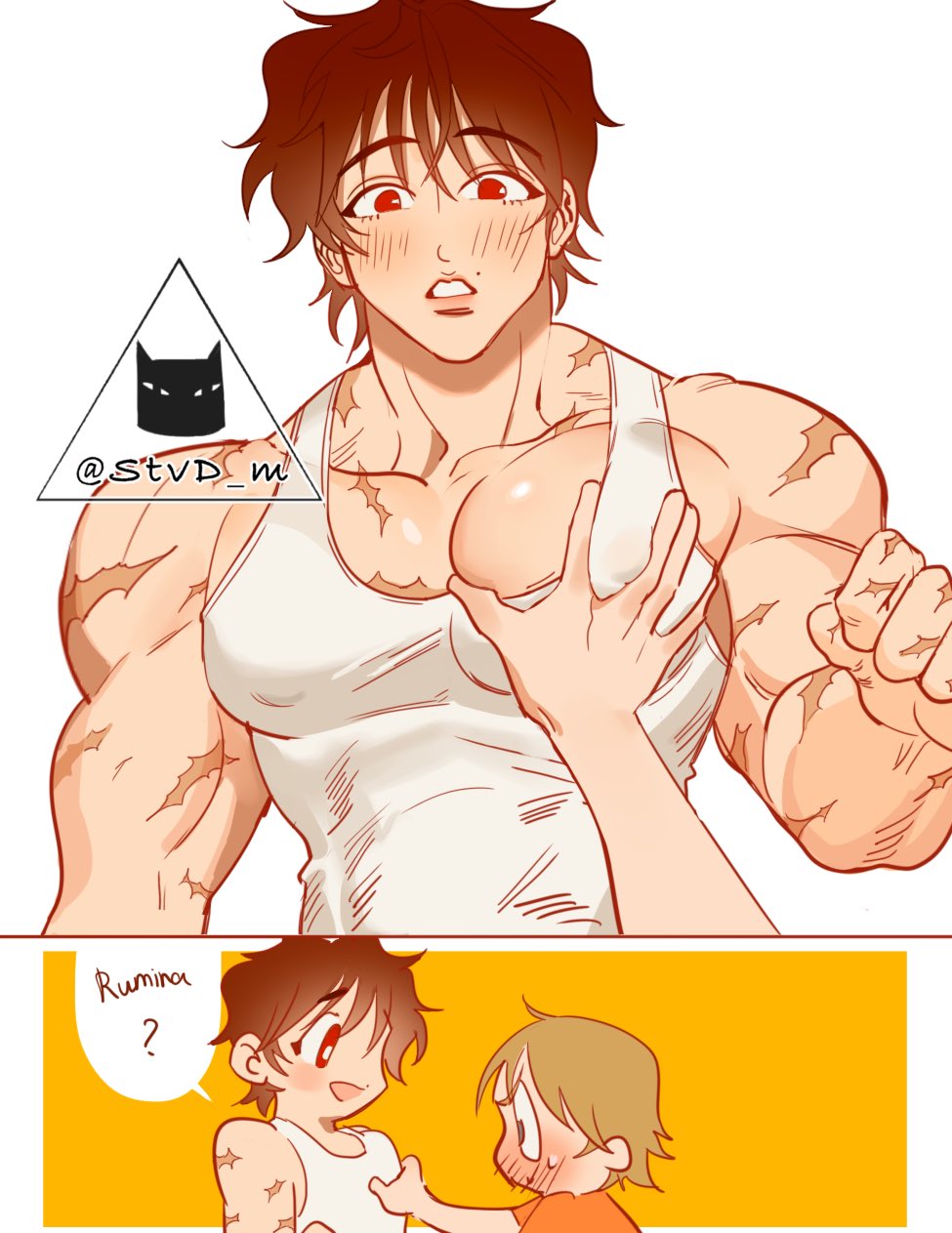 the image shows a comic book illustration of two male characters. the top image features a man with red hair and a muscular body in a white tank top, blushing and looking shocked. the bottom image shows two men, one with brown hair and the other with blonde hair. the brownhaired man is blushing while the blondehaired man looks confused and scared.