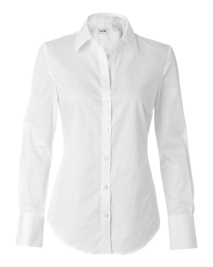 a white longsleeved, buttondown shirt, likely made by calvin klein, designed for women, with a collar and a fitted cut, suitable for formal or office attire.