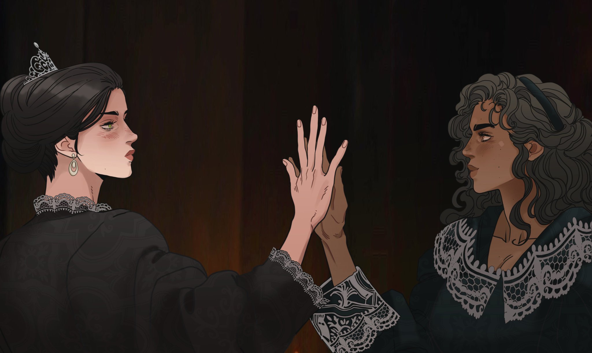 an illustration depicts two women facing each other in profile, with their hands touching. the woman on the left wears a tiara, an earring, and a dark dress with a lace collar. the woman on the right has curly hair with a hairband and is wearing a dress with a different style of lace collar. the background is dark, suggesting an indoor setting. the style is detailed and reminiscent of historical fashion.