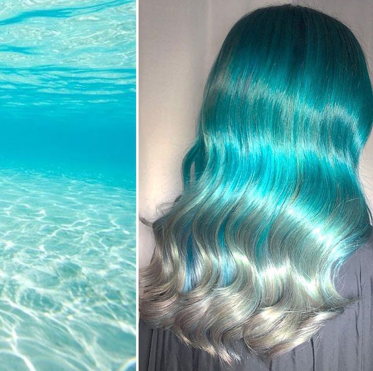 a woman with long wavy hair. the hair is dyed a teal ombre color with silver highlights. the hair is styled in a way that makes it look like waves. the photo is split into two parts. on the left is an image of blue water, on the right is an image of the woman's hair.