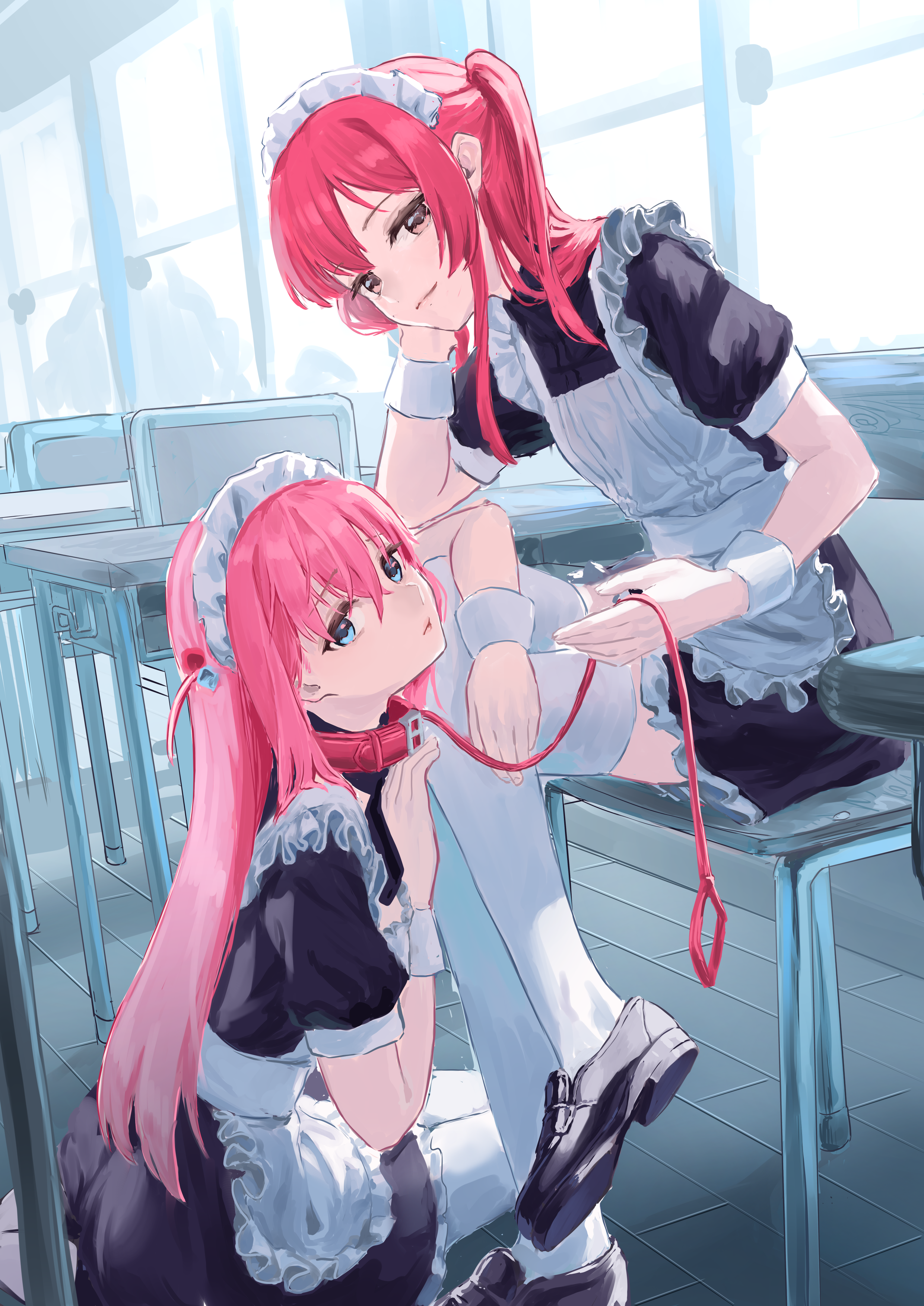 the image shows two anime girls in maid uniforms. one girl is kneeling while wearing a collar and leash, and the other girl is sitting and holding the leash. they are in a school classroom. the overall style is cute and suggestive.
