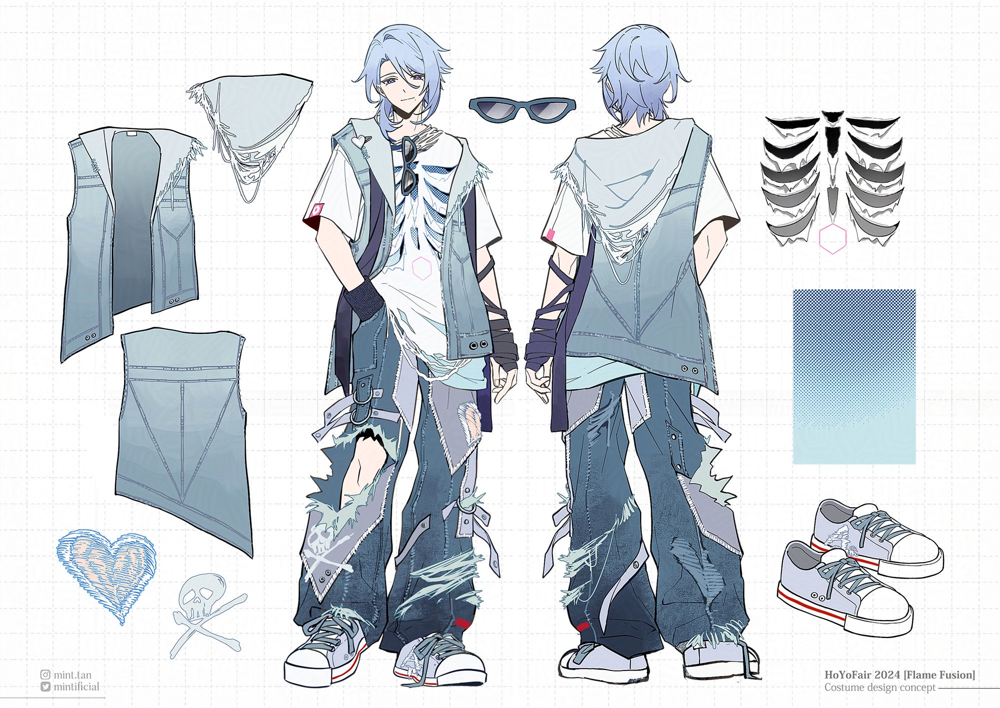 this is an illustration of an anime character design, depicting a male character in casual fashion. he wears ripped jeans, a white shirt, a blue denim vest, and white sneakers. he has blue hair and is wearing sunglasses. the image shows a full body view of the character from the front and back, with additional sketches of different elements of his outfit, such as the vest, sunglasses, and sneakers. the character appears to be in a casual and cool style, with a focus on the distressed denim elements of his attire. the image is presented as a design concept for a potential anime character, with details like the character's name and the designer's name.