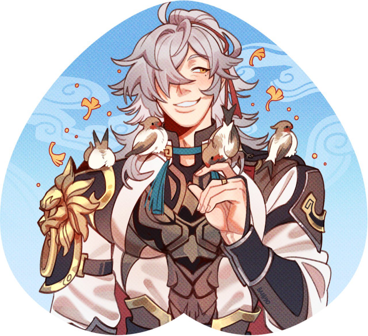 the image is a piece of digital fanart depicting scaramouche from the video game genshin impact. he is presented in a stylized anime/manga style,  smiling gently and surrounded by several small birds perched on his shoulders and arms. scaramouche is depicted wearing his characteristic attire;  a  white and beige outfit with gold accents and detailed armor pieces. he has long white hair tied back in a halfponytail.  the background is a light blue, heartshaped frame with stylized clouds and yellow leaflike designs. the overall style is soft and calming, with pastel colours and delicate linework.  the artist's signature is subtly placed on the lower right side.