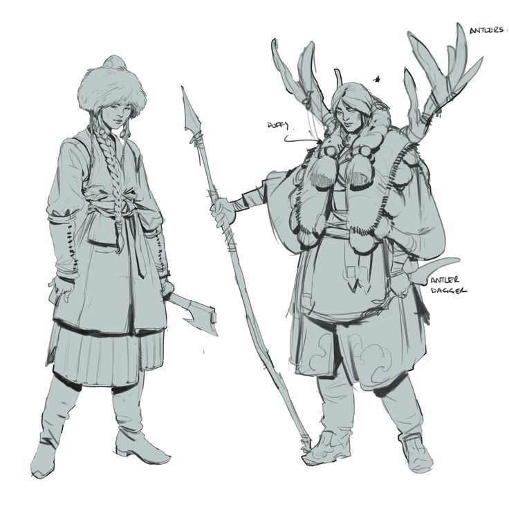 this is a sketch drawing of two female warriors. the one on the left is wearing a long coat and hat with a braided hair, and she is carrying a spear and axe. the one on the right is wearing a fur coat with antlers on her back and carrying a dagger and spear. she is also wearing boots. both women are drawn in a stylized fantasy style.  the drawing is labeled with "antlers" and "antler dagger" to identify the weapons. the drawing is welldone and shows a good understanding of anatomy and perspective.