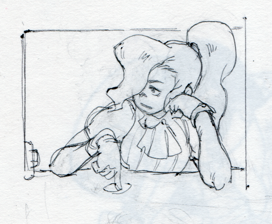 a black and white handdrawn sketch of a woman in a shirt with a collar, sitting with her head leaning on her hand and looking away with a relaxed and pensive expression. she has long hair tied in a ponytail and is drawn from the side.