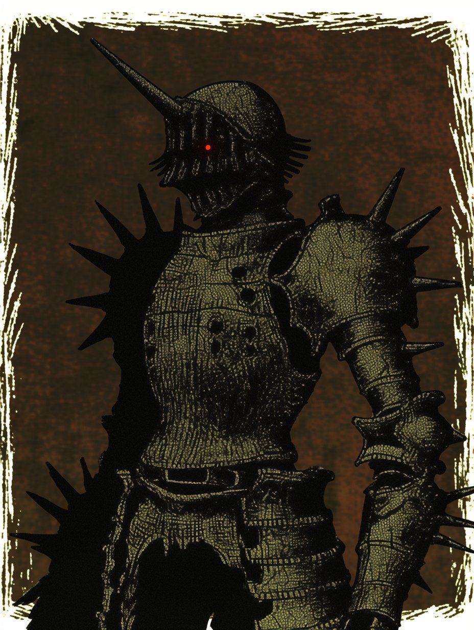 he image is a dark fantasy illustration of a knight clad in heavily spiked and textured armor. the armor is dark greenishgray, appearing aged and worn. the knight's helmet has a prominent horn or spike on top, and the figure is depicted from the knees up, filling most of the frame. the background is a dark, textured brown, adding to the overall grim and gothic atmosphere. the knight's eyes glow red, adding to the menacing and fantastical element.  the style of the art is detailed and reminiscent of a penandink drawing with a grunge texture applied. the overall mood is dark, mysterious and powerful.