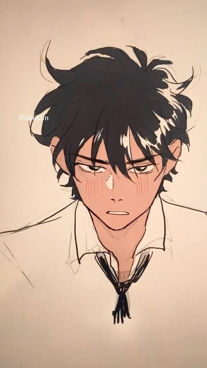 the image is a digital drawing or sketch of an animestyle male character. he has dark, slightly messy hair, and a somewhat serious or unhappy expression.  his cheeks are lightly blushed. he's wearing a lightcolored collared shirt with a dark tie. the art style is relatively simple and clean, focusing on lines and shading to create form and expression.  the background is plain and light beige. the overall aesthetic is somewhat melancholic or moody.