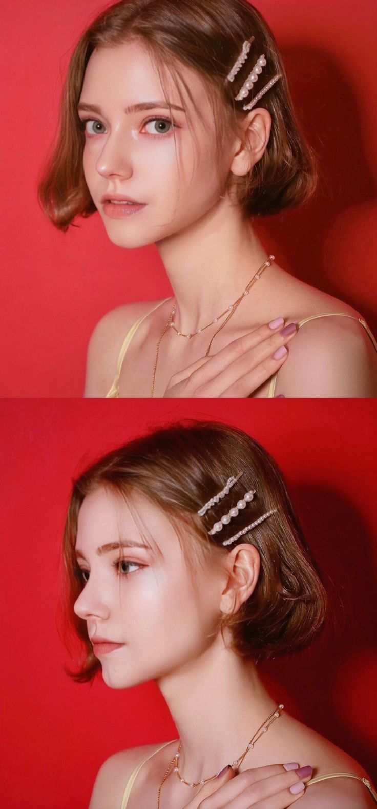 the image shows two closeup portraits of a young woman with short brown hair styled in a bob.  she is wearing multiple pearl hair clips and a delicate necklace. the background is a solid, vibrant red. both images show the same person, but from slightly different angles.  the overall aesthetic is elegant and fashionable.