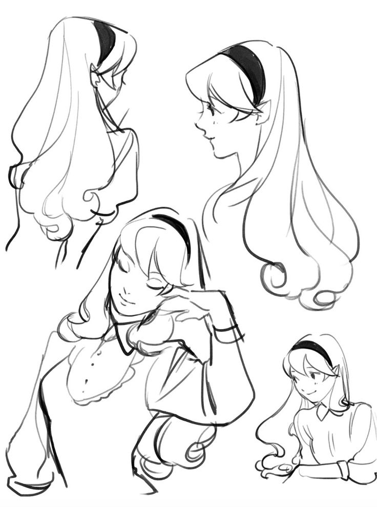 this is a handdrawn line art sketch of four women, all drawn from the shoulders up. they are all dressed in a fashionable style with a black ribbon or headband. three of the women have long, flowing hair. the woman in the center is looking down, while the other three are looking off to the side.  the style is in the style of manga or anime, with exaggerated features, including big eyes and small noses. the lines are fine and delicate, and the overall effect is very expressive.