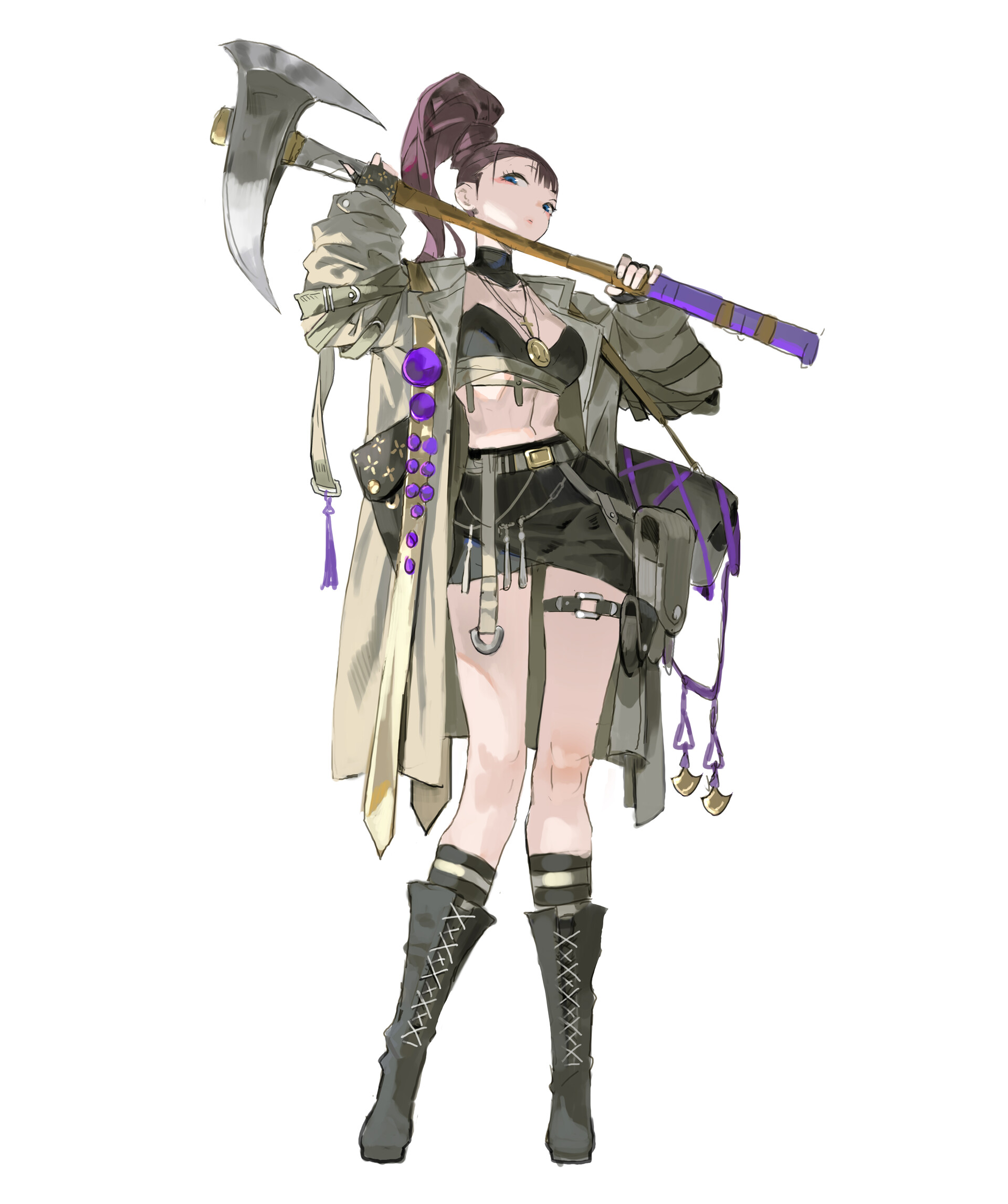 an anime style female character stands with an axe over her shoulder. she has dark hair in a high ponytail and is wearing a crop top, short shorts, long coat, boots and socks. she is also wearing a choker and carrying a bag. the axe has purple accents on the handle.