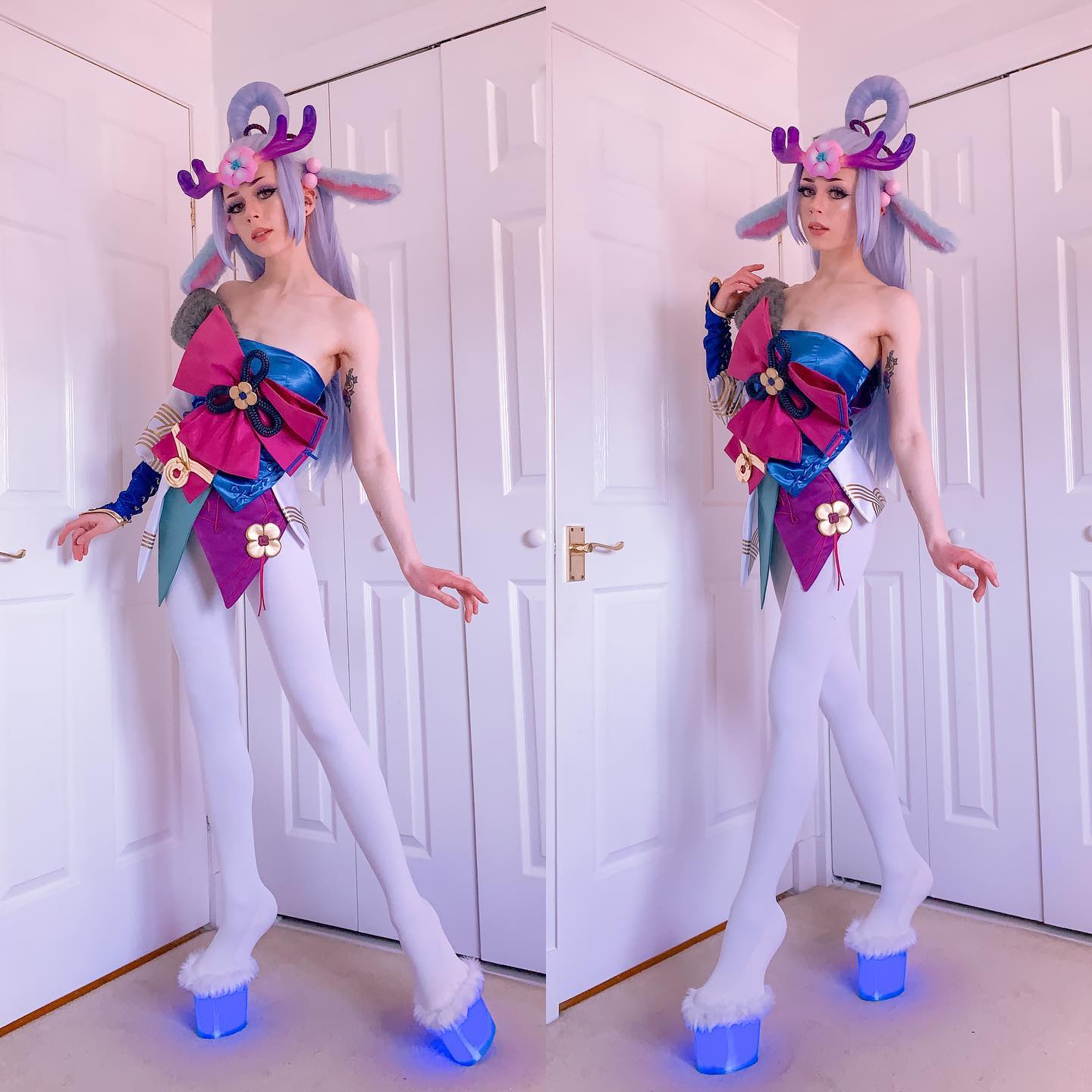 the image shows a fullbody shot of a cosplayer dressed as spirit blossom kindred from the video game league of legends. the costume is highly detailed, featuring a mix of japaneseinspired clothing, pink, purple and blue fabrics, deer antlers, and rabbit ears. the cosplayer is wearing white tights and unique platform shoes with blue lights. they're striking two poses against a background of white doors, which includes a mirror reflection. the overall setting and costume suggest a highquality cosplay.