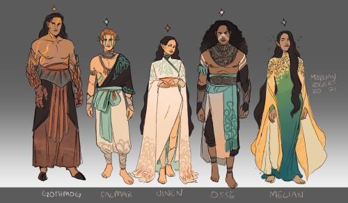 this is a digital illustration of six fantasy characters. the illustration is in a cartoon style. they are all wearing elaborate costumes and are depicted standing in a row in front of a grey background. the characters are labelled with their names below them.