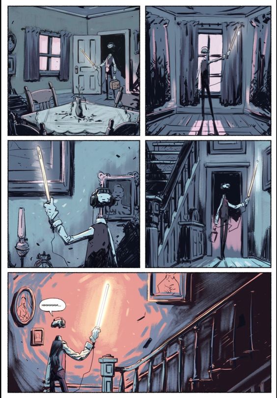 this image is a comic book panel showing a man in a house. there are five different panels, each with its own distinct style and perspective. the panels show a man entering a house, a man standing on the stairs, a man standing in the hallway, a man holding a sword, and a man holding a sword. the panels are all connected by a white line, which creates a sense of continuity. the image is drawn in a dark and shadowy style, which adds to the spooky and suspenseful atmosphere. the use of light and shadow is particularly effective in the first panel, which shows the man entering the house. the light from the door casts a long shadow on the wall, making the house seem even more sinister. the image is also full of detail, from the intricate patterns on the wallpaper to the furniture in the hallway. this image is a compelling example of comic book art, which is both visually appealing and evocative. the use of light, shadow, and detail helps to create a sense of atmosphere and suspense, making the reader want to know what happens next.
