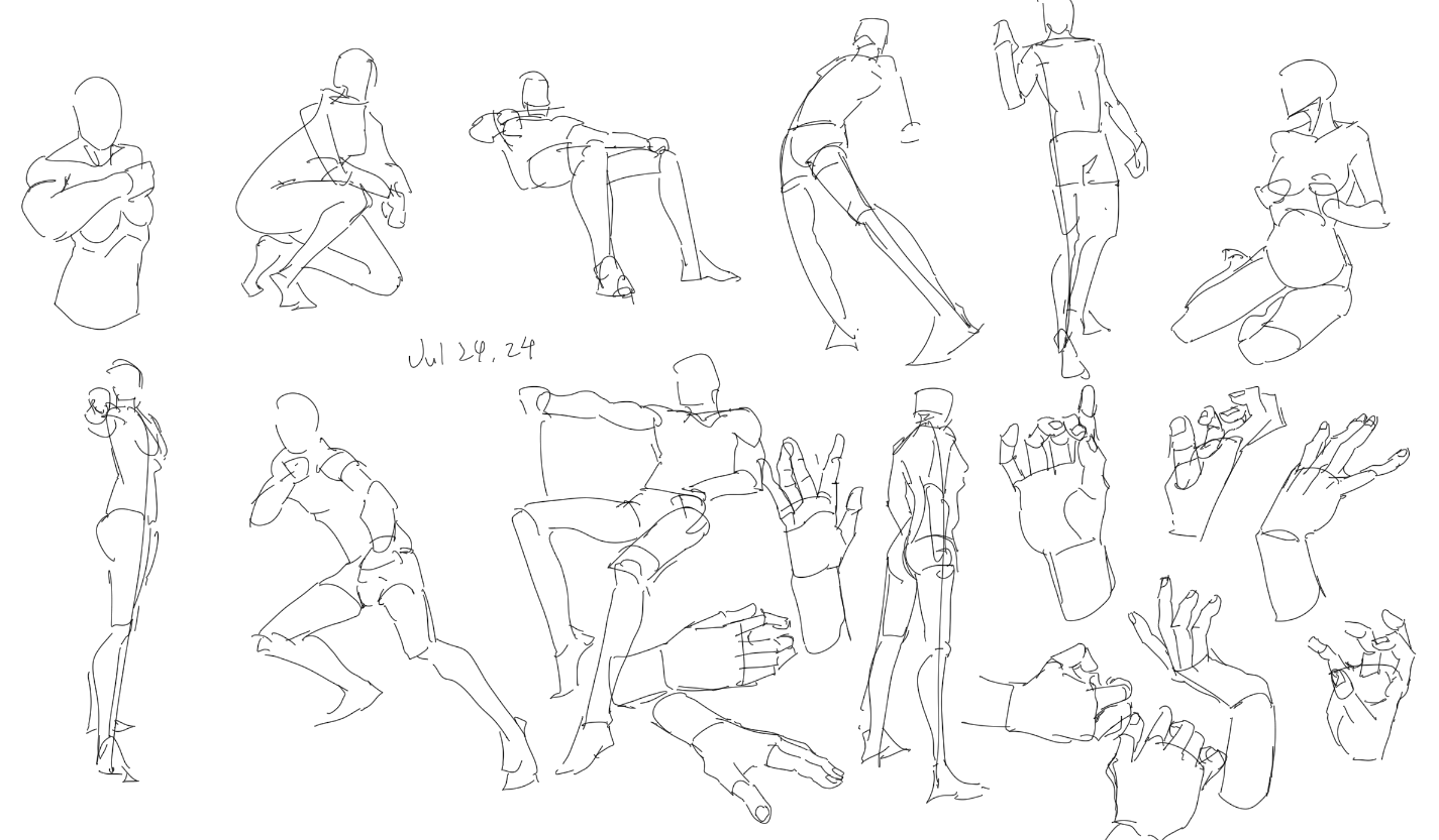 this image is a collection of sketches focusing on figure drawing and anatomy. it features various human figures in different poses, along with several studies of hands in different positions. the drawings are done in a loose, gestural style using only lines, emphasizing form and movement rather than detail.