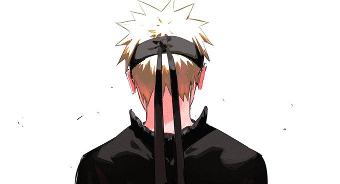 an anime male character with blond hair and a black headband is wearing a black jacket. the character is facing away from the viewer, and the background is white.