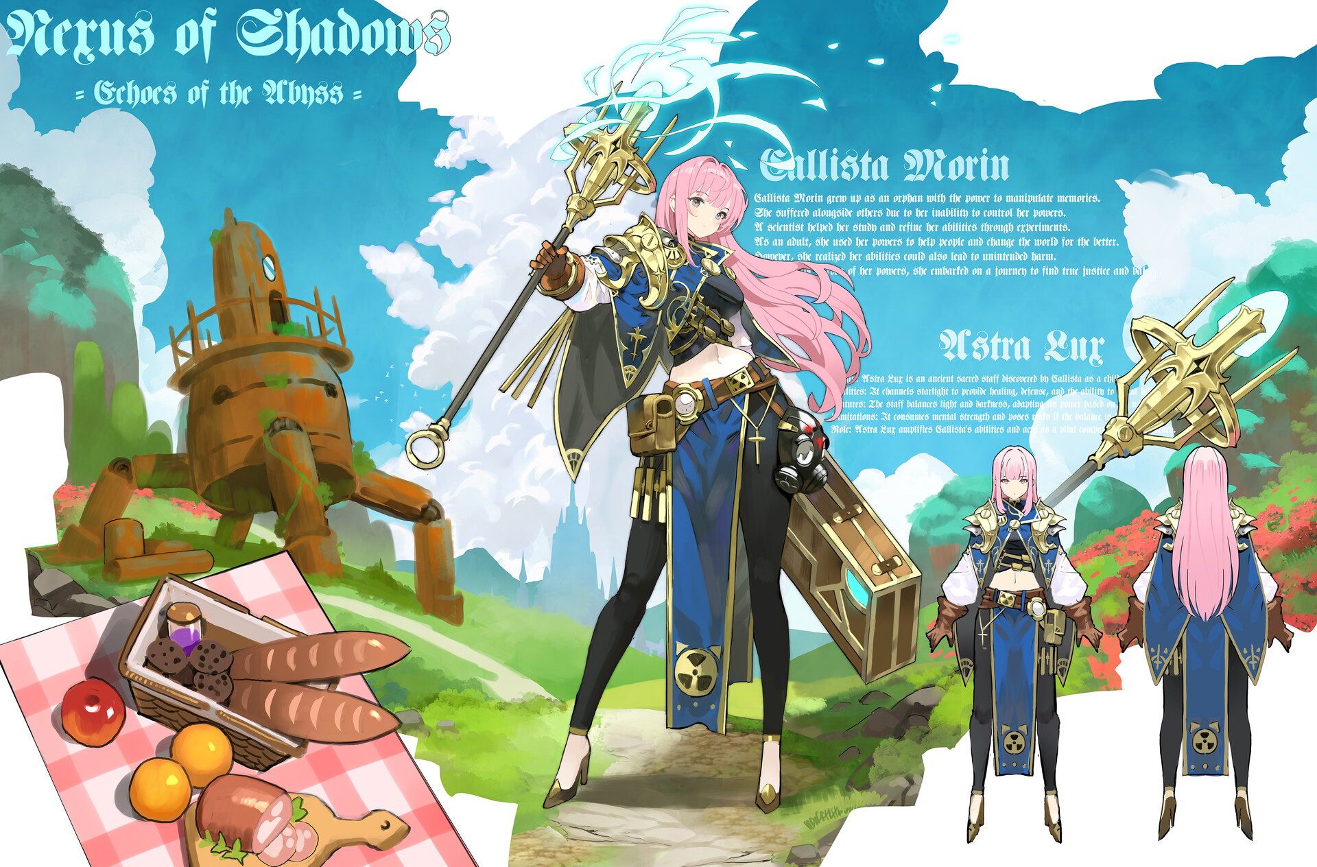 the image is an animestyle character sheet for a video game or fantasy project titled "nexus of shadows  echoes of the abyss." it features a central character, callista morin, depicted with pink hair and a detailed blue and black outfit. she holds a golden staff (astra lux). the sheet also includes a picnic basket with food and a large robot in the background. there are written descriptions of the characters callista morin and astra lux. additional views of callista morin from the front and back are shown on the right side of the image.