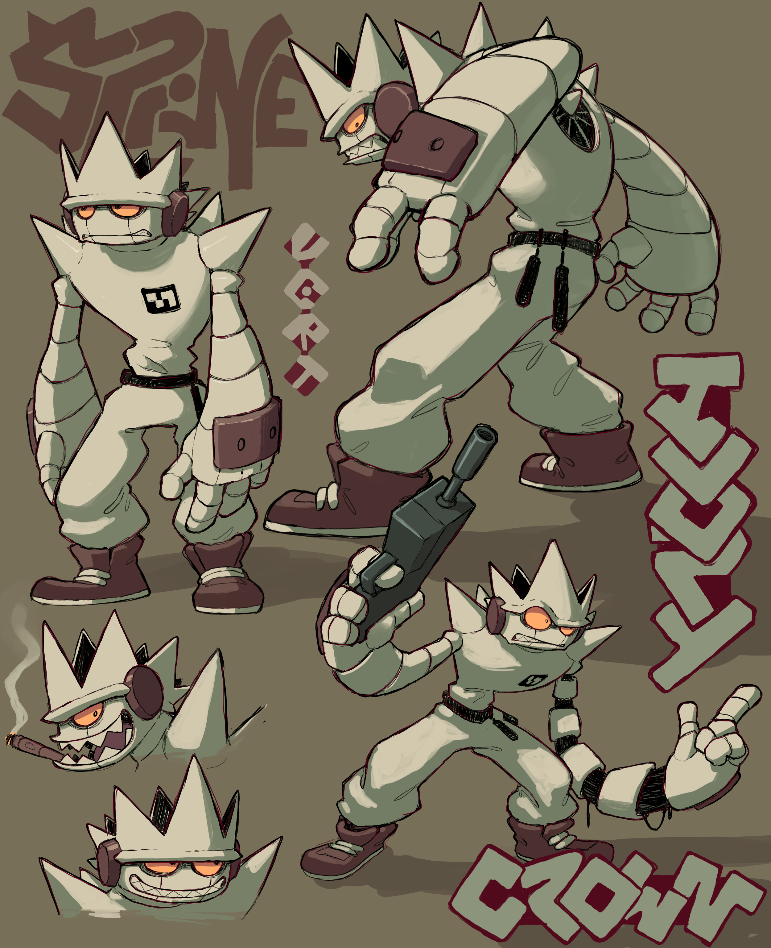 a character design sheet showcasing a stylized robot character with a crown motif. the robot is depicted in various poses, highlighting its design and potential actions. the art style leans towards graffiti and urban aesthetics, emphasized by the included lettering and dynamic poses. the color palette is muted, relying heavily on grays and browns.