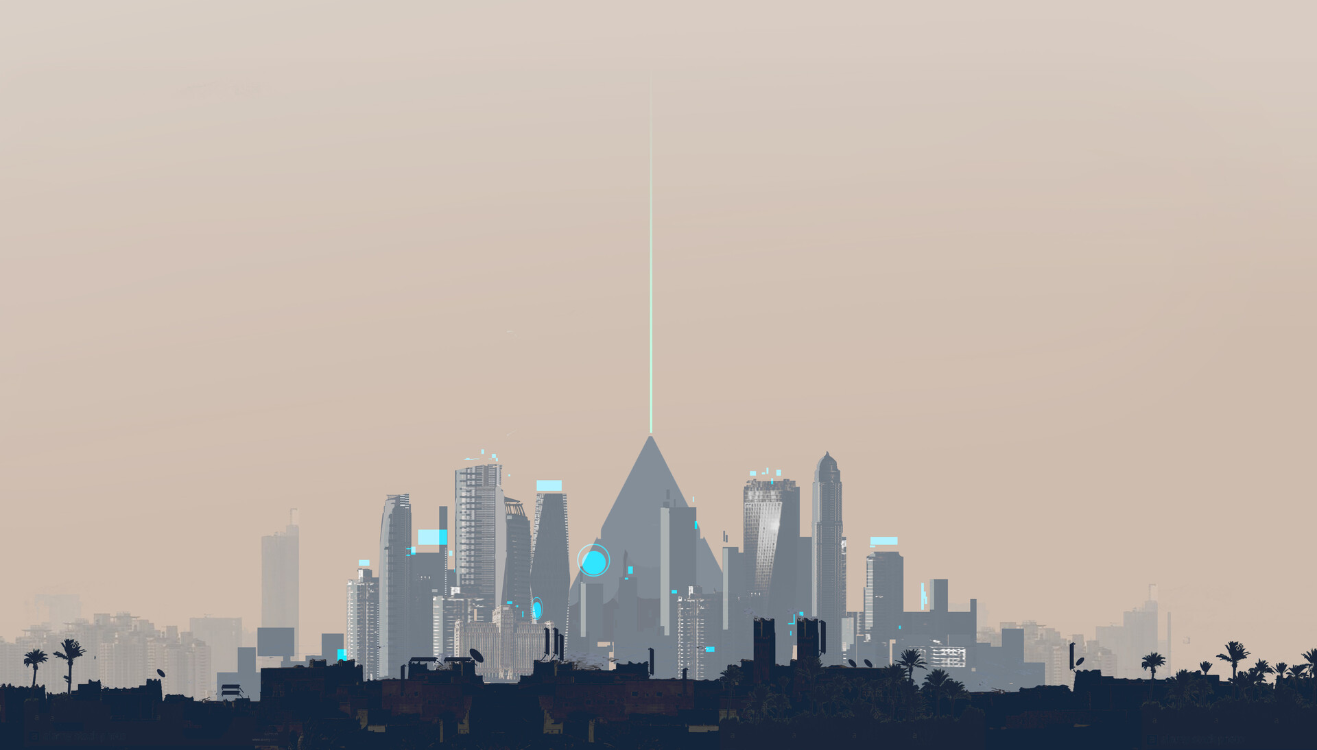 a futuristic city is shown with a pyramid shaped building at its center. there are other various shaped buildings of various heights throughout. the city is shown at a distance, with the bottom of the image showing the silhouettes of trees and buildings.  the sky is overcast, making the background a light beige, with the city a darker gray.  there is a thin, bright light shining upward from the top of the pyramid.