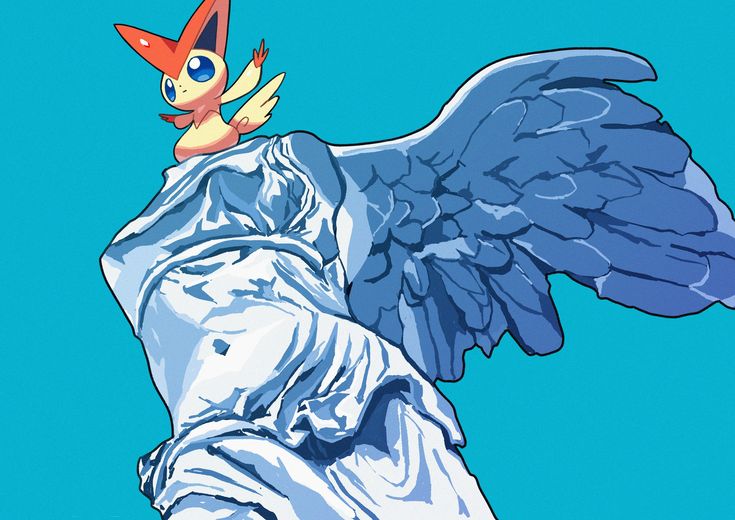 the image is a vibrant digital illustration that juxtaposes a cartoon flareon pokémon perched atop a stylized version of the venus de milo statue.  the statue is rendered in shades of blue and white, giving it a cool, almost icy appearance, while the flareon maintains its bright, characteristic orange and yellow coloring. the background is a solid, bright turquoise, creating a striking contrast with the artwork's subjects.  the style blends elements of pop art, anime, and classical art, resulting in a unique and eyecatching image.