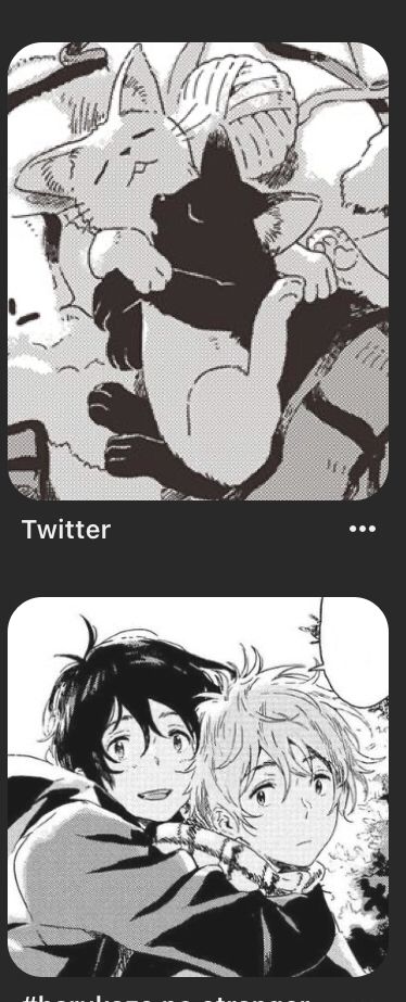 the image is a collage showing two separate panels from what appears to be a manga or anime style comic.  the top panel depicts a whimsical scene with two stylized cats or catlike creatures cuddling. one is lighter, larger, and appears to be wearing a yarn ball; the other is smaller and darker.  the art style is soft and textured.the bottom panel shows two human boys, one with dark hair and one with light hair, embracing affectionately. one boy has his arms wrapped around the other, suggesting a close and intimate relationship. the style in this panel is still consistent with manga/anime but with more focus on the characters' expressions and body language.  a small portion of a background is visible but not entirely clear.  both panels have a monochromatic palette with varying shades of gray. the word "twitter" is visible beneath the top panel, suggesting that the images originate from a twitter post.