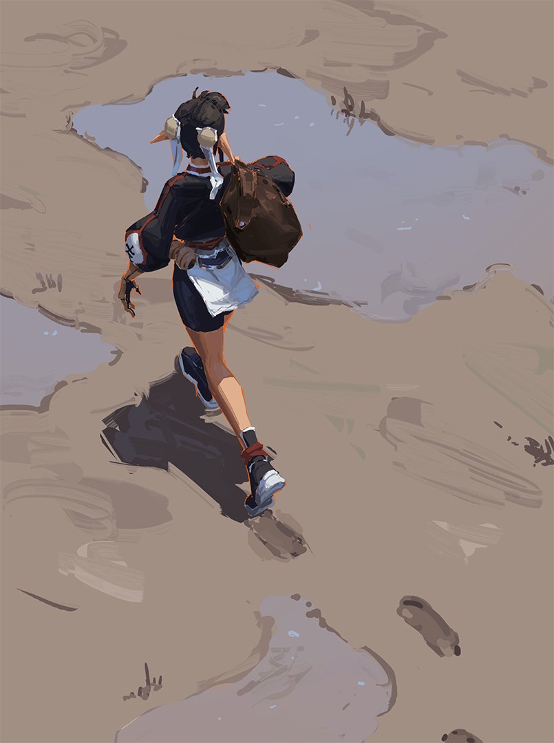 the digital painting depicts a young animestyle girl with elflike ears, wearing a dark loosefitting top and skirt, and carrying a brown backpack. she's walking away from the viewer across a flat, sandy terrain dotted with puddles of water.  her footprints are visible in the muddy sand, and the overall style is loose and painterly, with visible brush strokes creating a sense of movement and texture.  the colors are muted, giving the scene an atmospheric and somewhat melancholic feel. the perspective is from above, looking down on the character as she walks.