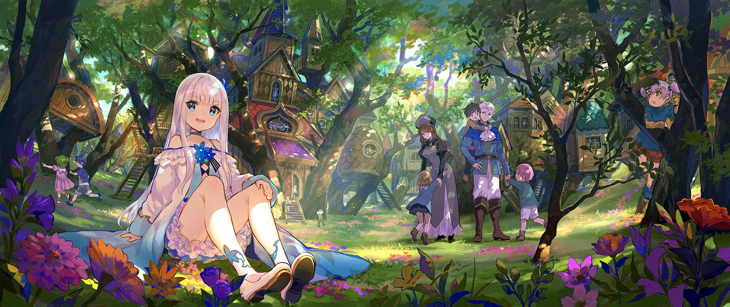 he image is a vibrant digital painting depicting a whimsical scene in a fantasy forest. a young girl with long white hair and blue eyes sits in the foreground amidst a profusion of colorful flowers. she is wearing a light blue dress and white boots. behind her, a charming village of tree houses is nestled among the lush green trees. several other children are visible, either playing or walking around. two adults are seen walking together, appearing to be a couple. the overall style is reminiscent of anime or manga, characterized by large, expressive eyes and delicate features. the scene conveys a sense of enchantment and wonder, reminiscent of a fairytale setting. the colors are rich and saturated, contributing to the overall cheerful and imaginative atmosphere.